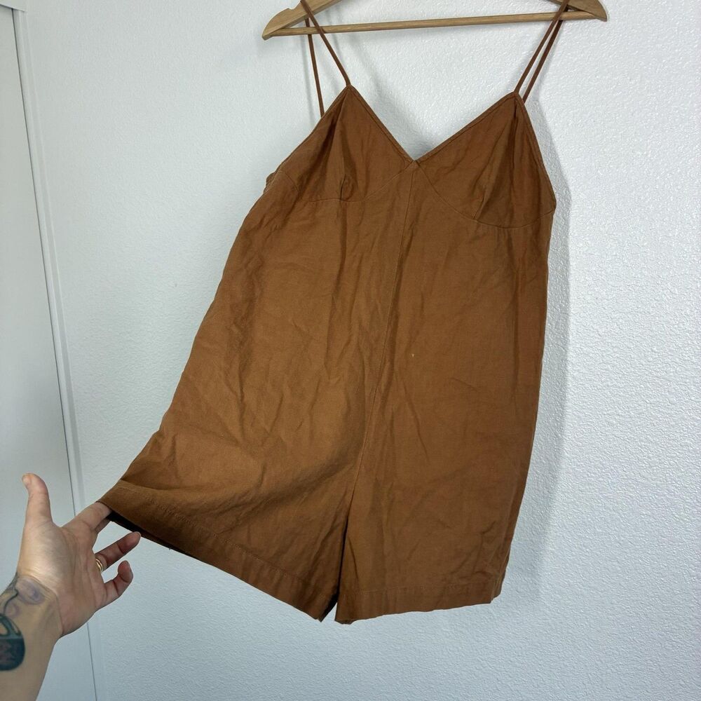 Kordal Romper Womens Small Brown Organic Cotton V Neck Strappy Zip Relaxed Fit